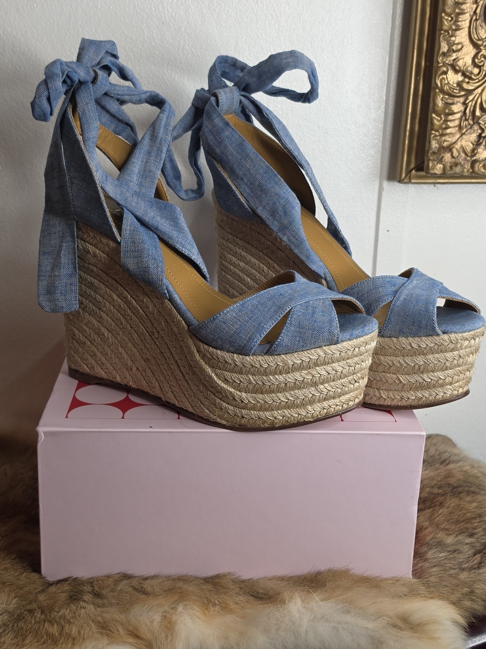 Ralph Lauren Light Blue Chambray Espadrille Platform Wedges with Ankle Ties